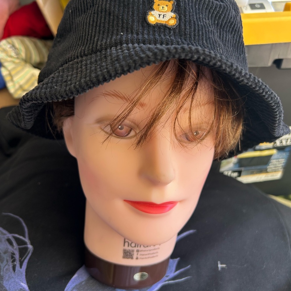 Black Corduroy Bucket Hat with Bear Patch - Women Accessories